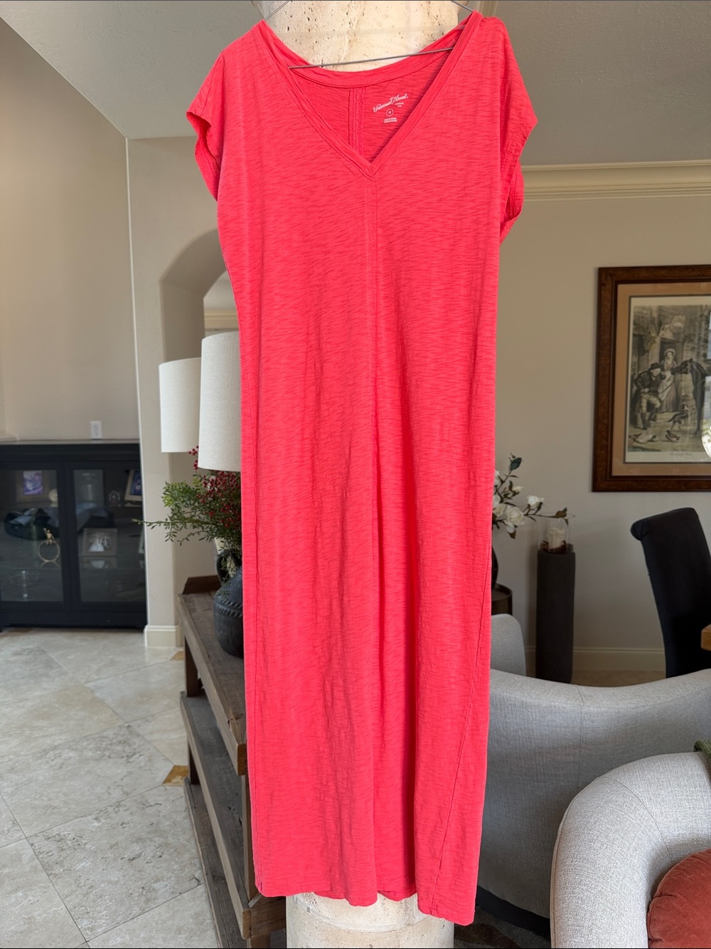 Coral-Red Cotton V-Neck Maxi Dress Beach Cover Up Sz XS